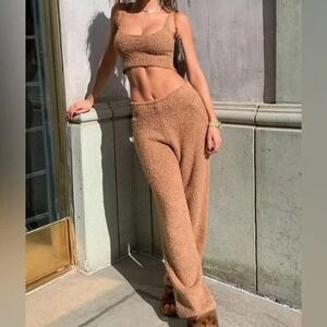 SKIMS Cozy Knit Tank Top & Wide Leg Pants Set Camel Brown Lounge Small Medium